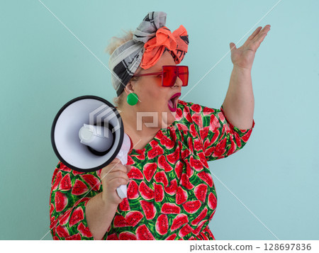 Colorful Retro Woman Shouting Through a Megaphone 128697836