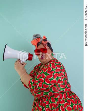 Colorful Retro Woman Shouting Through a Megaphone 128697879
