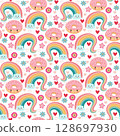 Cute Kawaii background with sweet dessert Donuts, rainbow, flowers. 128697930