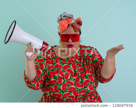 Colorful Retro Woman Shouting Through a Megaphone 128697938