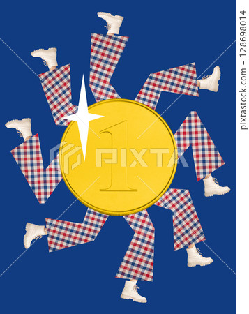 Creative artwork. Rotating gold coin with walking legs symbolizing economic motion with dynamic feeling 128698014