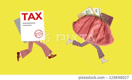 Surreal collage of running tax paper and pink purse with legs symbolizing financial pressure with urgent vibe 128698027