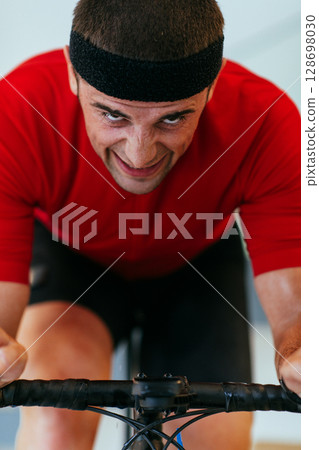 A triathlete riding a triathlon bike on a machine simulation in a modern living room. Training during pandemic conditions. 128698030