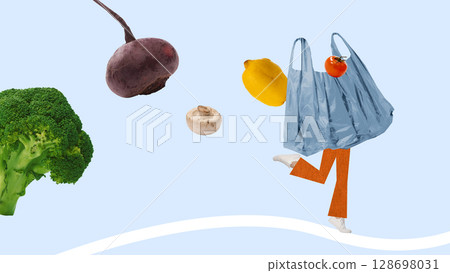 Contemporary collage of walking plastic grocery bag with flying vegetables symbolizing everyday expenses. Mockup for ads, text 128698031