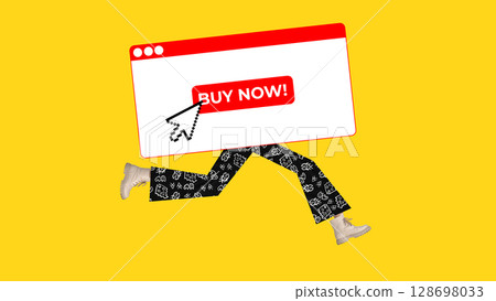 Colorful composition. Browser window with buy button walking in patterned pants symbolizing urgent online purchase Colorful composition. Browser window with buy button walking in patterned pants symbolizing urgent online purchase 128698033
