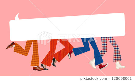Bold poster. Group of walking legs holding blank speech bubble symbolizing shared voice with energetic unity. Mockup for ads. text 128698061