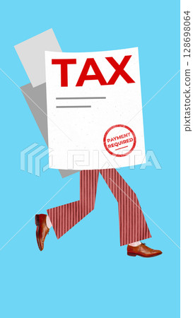 Collage of walking tax document in striped pants and brown shoes symbolizing financial duty with urgency 128698064
