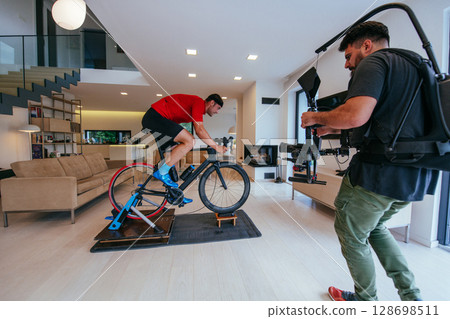 A cameraman filming an athlete riding a triathlon bike on a simulation machine in a modern living room. Training in pandemic conditions A cameraman filming an athlete riding a triathlon bike on a simulation machine in a modern living room. Training in pandemic conditions 128698511