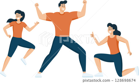 Happy People Exercise, Healthy Lifestyle, Flat Design Cartoon 128698674