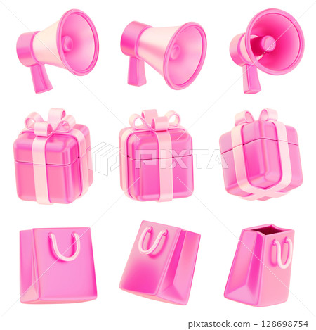 Megaphone Gift Boxes and Shopping Bag pink iridescent 3D graphic cartoon style 128698754