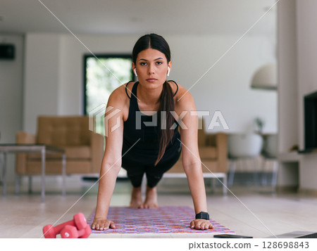 Young Beautiful Female Exercising, Stretching and Practising Yoga with Trainer via Video Call Conference in Bright Sunny House. Healthy Lifestyle, Wellbeing and Mindfulness Concept. 128698843