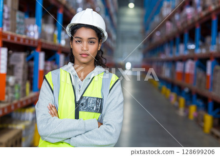 Standing woman crossing arms in warehouse aisle, with hard hat, safety vest and stacked boxes 128699206