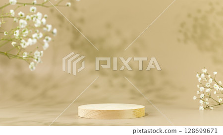 Wooden empty podium on beige background with white flowers and shadows. Round show case for natural cosmetic products. Concept scene stage for new product, promotion sale and presentation. Front view Wooden empty podium on beige background with white flowers and shadows. Round show case for natural cosmetic products. Concept scene stage for new product, promotion sale and presentation. Front view 128699671