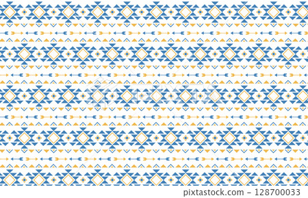 橙色和藍色的原生圖案背景,帶有三角形、菱形和箭頭 橙色和藍色的原生圖案背景,帶有三角形、菱形和箭頭 128700033