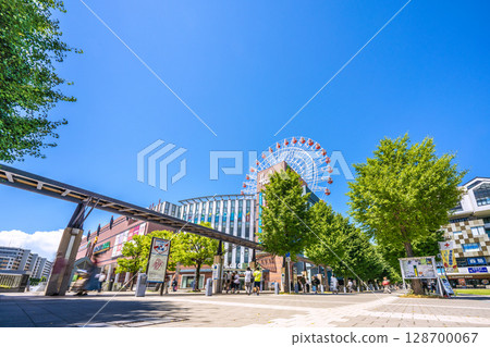 Yokohama cityscape in July, Japan. View of Center-Kita Station and the Tsuzuki Hankyu Ferris wheel. 128700067
