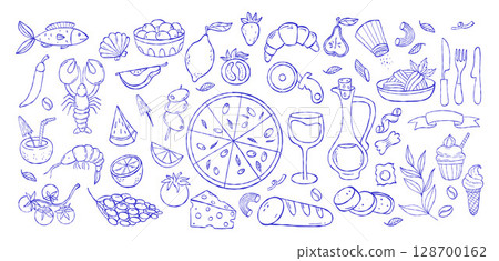 Mediterranean blue summer Italian food and drink set. la dolce vita. Outline Vintage aesthetics isolated minimal whimsical Hand sketch drawings on white background. Vector illustration. Not AI 128700162