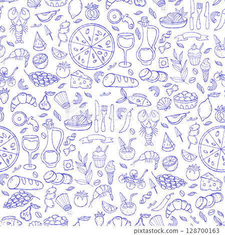 Mediterranean Seamless pattern with food and drink, beach vacation on white background. Dolce vita aesthetics. Outline blue Vintage Summer minimal backdrop in Hand drawing sketch. Not AI 128700163