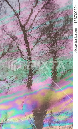 Rainbow hues of an oil stain create a beautiful pattern on wet asphalt, reflecting trees. Neon abstract background 128700304