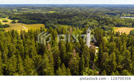 Aerial view of Suure Munamae observation tower in Estonia 128700308