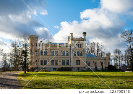 Garsene castle or manor built in 1856 in Neo-Gothic style. Garsene, Latvia 128700348