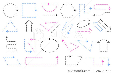 Dash line arrows. Dotted sketchy direction arrow marks, simple curved straight arrowed pointers and dynamic movement signs. Vector dashed arrows isolated set 128700382