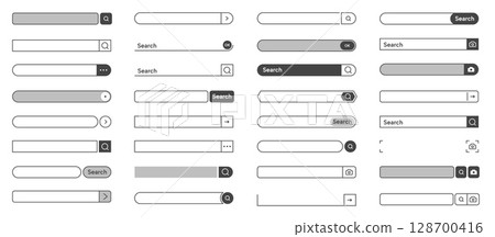 Search bar UI. Web interface with input field and search button, cursor pointer and click arrow icons. Vector internet search engine interface elements collection 128700416