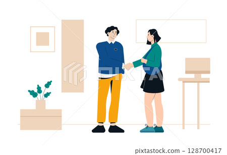 Man and woman shaking hands after reaching an agreement in modern office. Successful negotiation and partnership. Trustful business tone. Great for HR, recruitment and teamwork. Flat vector Man and woman shaking hands after reaching an agreement in modern office. Successful negotiation and partnership. Trustful business tone. Great for HR, recruitment and teamwork. Flat vector 128700417