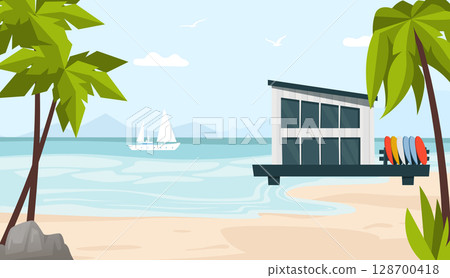 Tropical beach scene with palm trees, modern surf shack, stacked surfboards and sailboat in sea. Relaxing summer travel. Great for tourism and surf school themes. Flat vector illustration Tropical beach scene with palm trees, modern surf shack, stacked surfboards and sailboat in sea. Relaxing summer travel. Great for tourism and surf school themes. Flat vector illustration 128700418