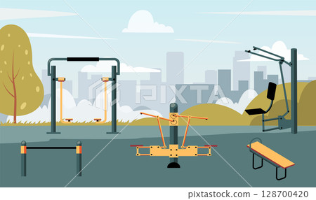 Outdoor gym equipment in city park with pull up bars, benches, machines for public training. Promotes community fitness healthy lifestyle. Ideal for wellness, sport and urban planning. Flat vector Outdoor gym equipment in city park with pull up bars, benches, machines for public training. Promotes community fitness healthy lifestyle. Ideal for wellness, sport and urban planning. Flat vector 128700420