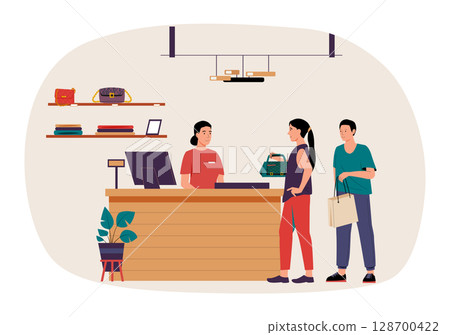 Customers paying for handbag at checkout in fashion accessories store. Retail service image. Fashion, commerce and lifestyle themes. Shopping app user interface design. Flat vector illustration Customers paying for handbag at checkout in fashion accessories store. Retail service image. Fashion, commerce and lifestyle themes. Shopping app user interface design. Flat vector illustration 128700422