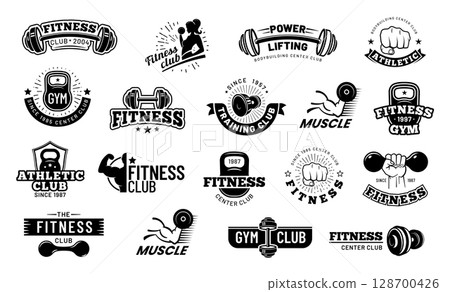Retro fitness center logos. Black and white collection with barbells, dumbbells, kettlebells and strong arms. Vintage theme perfect for gym branding, apparel and sports supplement. Vector labels 128700426