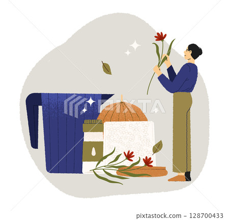Creative woman adding dried flowers to homemade candle using essential oils, wax and natural ingredients. Lifestyle, floristry and hobby. Flat vector illustration 128700433