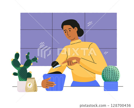 Young woman taking care of houseplants surrounded by cacti. Houseplant care concept, hobby and leisure. Preparing for planting, fertilizing houseplant. Flat vector illustration 128700436