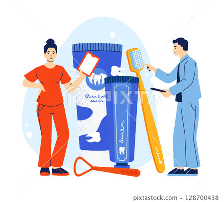 Male and female dentists showing giant toothbrush and toothpaste, tongue scraper. Oral hygiene consultation. Dental care, prevention and health education concept. Flat vector illustration Male and female dentists showing giant toothbrush and toothpaste, tongue scraper. Oral hygiene consultation. Dental care, prevention and health education concept. Flat vector illustration 128700438