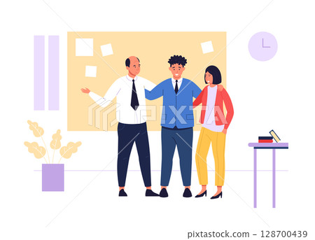 Group of office workers hugging each other celebrating successful teamwork standing together near bulletin board with notes. Teamwork, positive workplace culture. Flat vector illustration 128700439