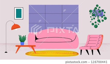 Stylized living room interior with pink sofa and armchair, houseplants, lamp and coffee table, abstract picture on wall in bright colors. Cozy home atmosphere. Colorful flat vector illustration Stylized living room interior with pink sofa and armchair, houseplants, lamp and coffee table, abstract picture on wall in bright colors. Cozy home atmosphere. Colorful flat vector illustration 128700441