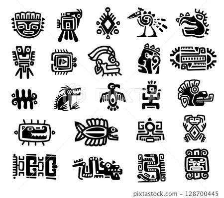 Ancient tribal icons of Aztec, Inca and Mexican cultures. Masks, totems animals, gods and geometric symbols. Spiritual mythological elements. Bold black and white abstract vector illustration set 128700445