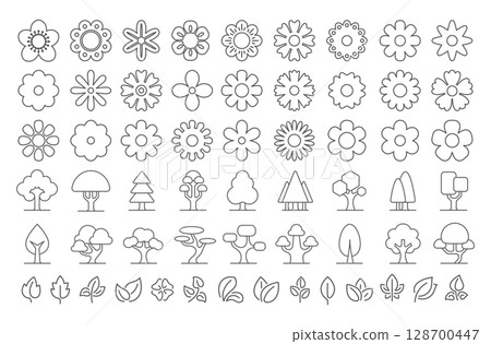 Line icons of flowers, trees and leaves on white background. Collection of botanical outline icons. Natural decorative elements for eco, UI and branding projects. Linear vector illustration 128700447