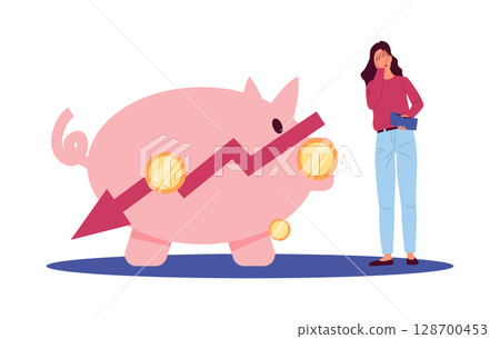 Woman holding wallet looking at piggy bank with falling red arrow and concerned her savings. Financial loss and reduction of savings. Economic stress money crisis, inflation. Flat vector Woman holding wallet looking at piggy bank with falling red arrow and concerned her savings. Financial loss and reduction of savings. Economic stress money crisis, inflation. Flat vector 128700453
