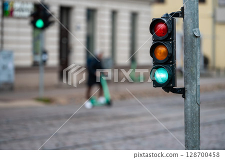 closeup of small traffic semaphore with green light against the backdrop of the city traffic closeup of small traffic semaphore with green light against the backdrop of the city traffic 128700458