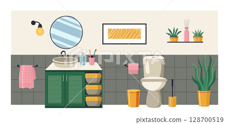 Bathroom interior with sink cabinet, mirror, toilet, towels, plants and hygiene products. Restroom design, clean and organized space. Flat cartoon vector illustration 128700519