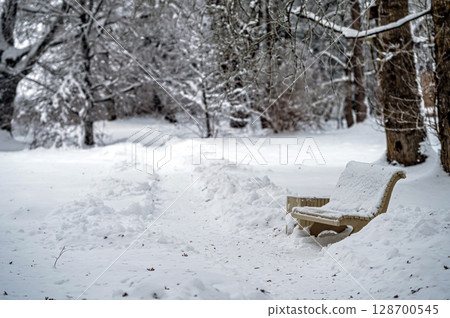 park bench covered with snow in winter. bench covered with snow. park after snowfall 128700545