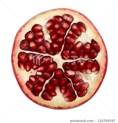 Close up view of a vibrant red pomegranate cut in half revealing juicy arils and white pith against a clean white background Close up view of a vibrant red pomegranate cut in half revealing juicy arils and white pith against a clean white background 128700597