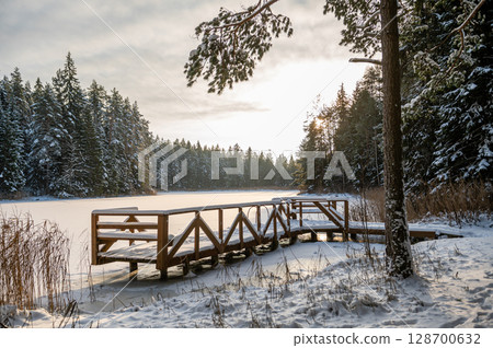 The snow on the snow-covered, forested Lake Melnezers, in the rays of the evening sun, Latvia The snow on the snow-covered, forested Lake Melnezers, in the rays of the evening sun, Latvia 128700632