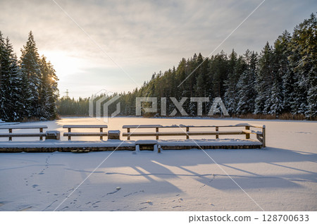 The snow on the snow-covered, forested Lake Melnezers, in the rays of the evening sun, Latvia 128700633