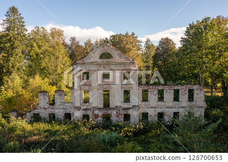 An abandoned structure overgrown with plants and trees in a peaceful, natural setting. 128700653