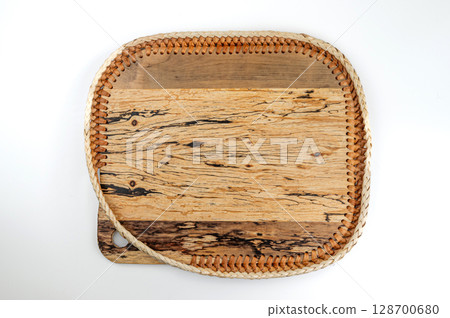 wooden kitchen board or tray isolated on white background. Copy space for text. 128700680