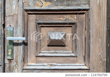 A close-up view of an intricately designed rustic wooden door with a unique handle and textures A close-up view of an intricately designed rustic wooden door with a unique handle and textures 128700700