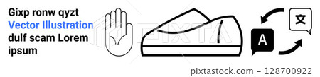 Hand stop gesture, sneaker icon, text bubbles with speech and translation symbols. Ideal for language services, translation, footwear, fashion, communication, instruction, learning. Landing page 128700922
