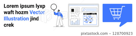A person holding a circle, a webpage layout with various info, and a blue shopping cart in a dialog box. Ideal for e-commerce, web design, user interface, marketing, analytics, creative design 128700923